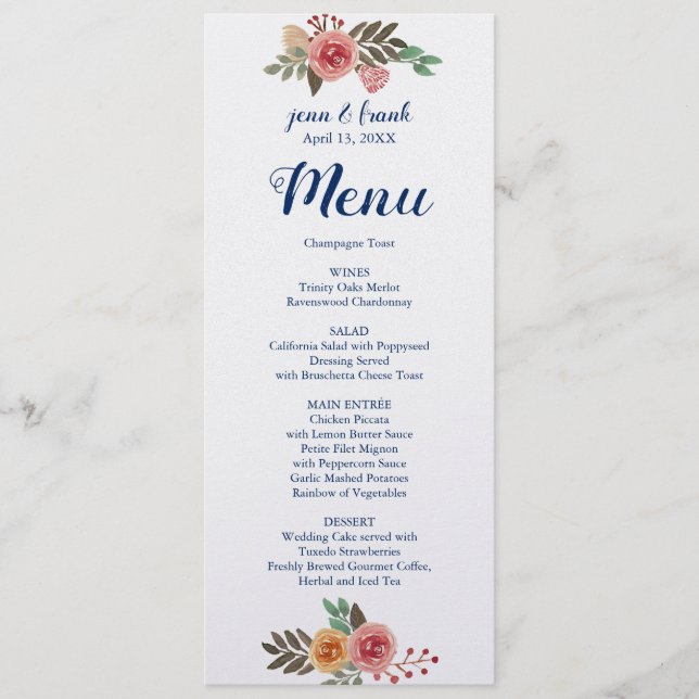 Carte de menu Mariage Fleurs de ressort (Devant)