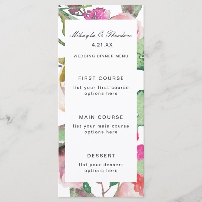 Carte de menu Mariage Floral Aquarelle (Devant)