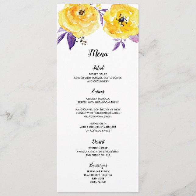 Carte de menu Mariage Floral Aquarelle (Devant)