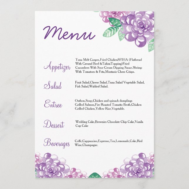 Carte de menu Mariage Floral Aquarelle (Devant)