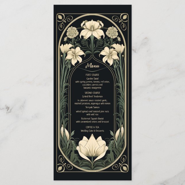 Carte de menu Mariage floral Art nouveau foncé élé (Devant)