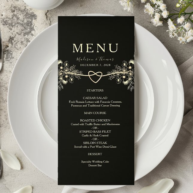 Carte de menu Mariage Floral Black Gold (Créateur téléchargé)