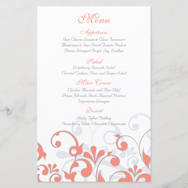 Carte de menu Mariage Floral Blanc Gris Coral (Devant)