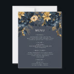 Carte de menu Mariage Floral Blue Gold Luxe<br><div class="desc">Notre collection "Watercolor Moody Florals" présente des fleurs sombres en noir, turquoise et bleu nuit avec des accents dorés et une typographie élégante pour toutes vos occasions. Mélangez et appariez les articles comme vous le souhaitez et contactez-nous si vous avez des demandes spéciales par conversation ou e-mail. Consultez notre magasin...</div>