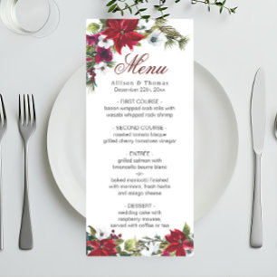 Carte de menu Mariage Floral de Noël Rouge Poinset