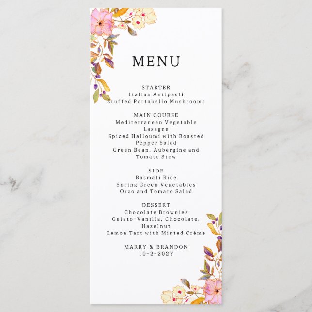 Carte de menu Mariage floral de printemps romantiq (Devant)