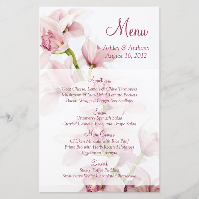 Carte de menu Mariage floral pour orchidée rose Cy (Devant)