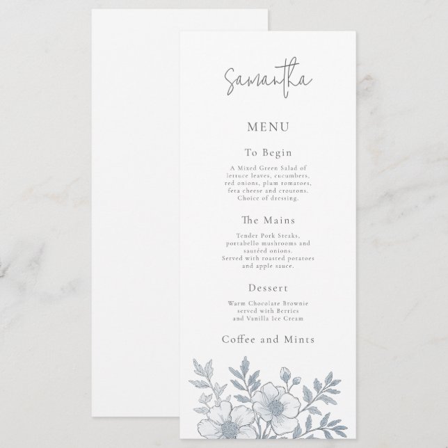 Carte de menu Mariage Florals gris avec nom d'hôte (Devant / Derrière)