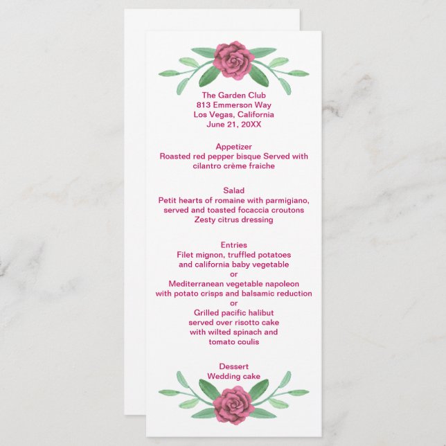 Carte de menu Mariage Foliage Rose Floral (Devant / Derrière)