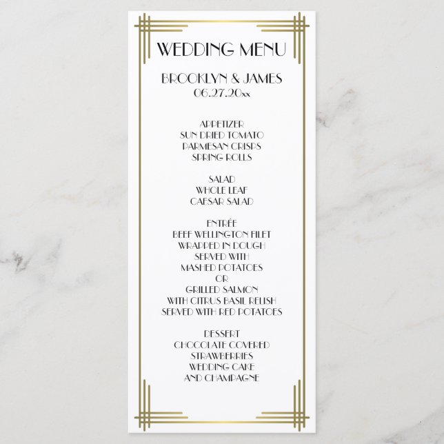 Carte de menu Mariage Great Gatsby White Art Deco (Devant)