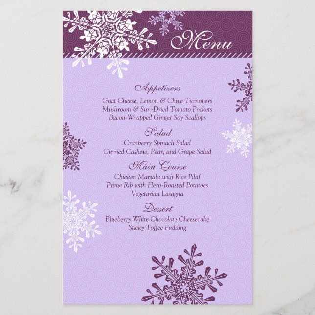 Carte de menu Mariage hivernal aux flocons blancs  (Devant)
