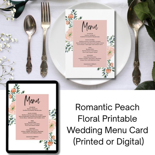 Carte de menu Mariage imprimable Pêche romantique  (Créateur téléchargé)