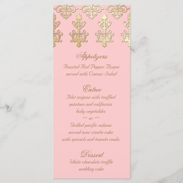 Carte de menu Mariage indien Baby Pink Gold Damask (Devant)