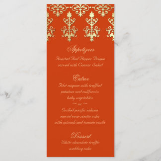 Carte de menu Mariage indien Orange Gold Damask
