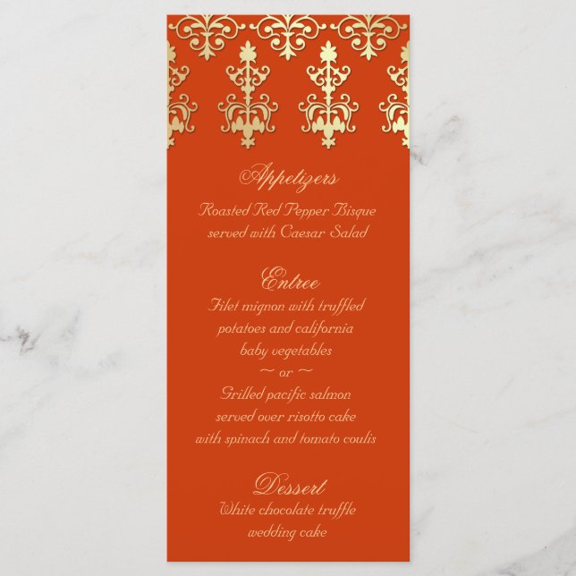Carte de menu Mariage indien Orange Gold Damask (Devant)