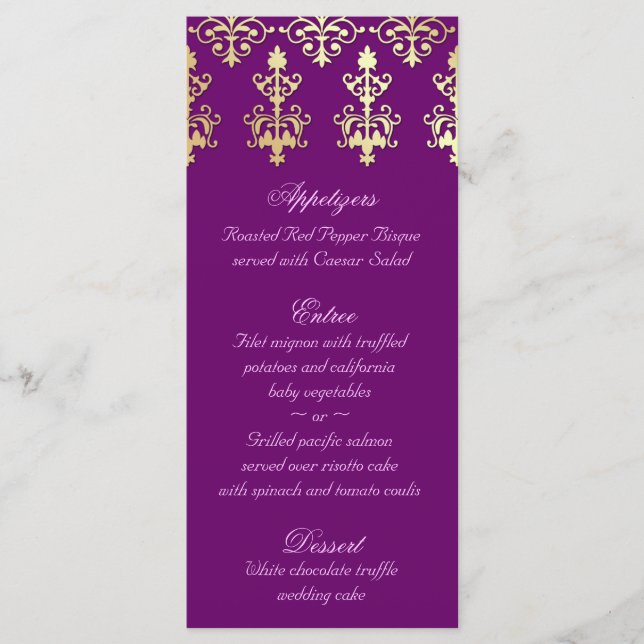 Carte de menu Mariage indien Purple Gold Damask (Devant)