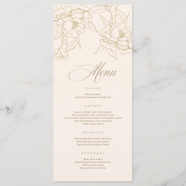Carte de menu Mariage ivoire, avec Peony aux fleur (Devant)