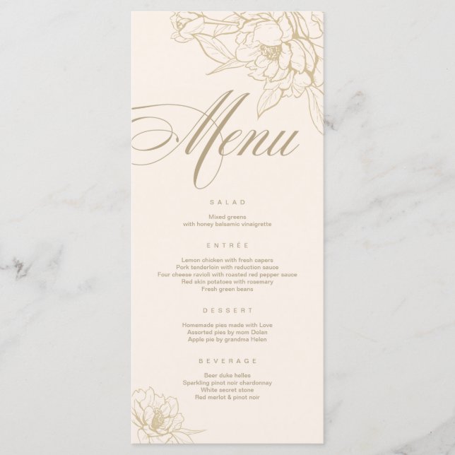 Carte de menu Mariage ivoire, avec Peony aux fleur (Devant)