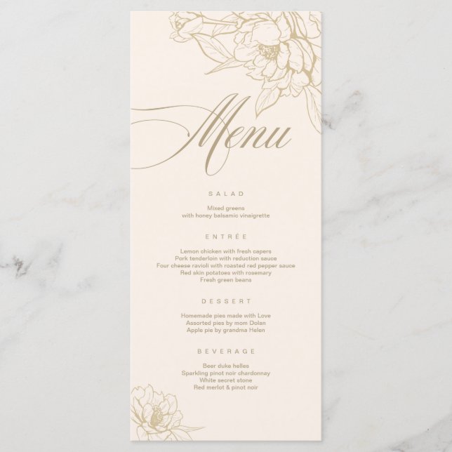 Carte de menu Mariage ivoire, avec Peony aux fleur (Devant)