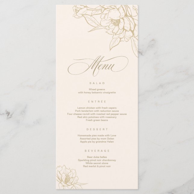Carte de menu Mariage ivoire, avec Peony aux fleur (Devant)