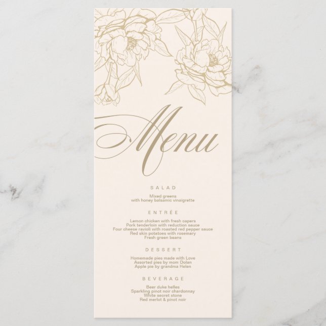 Carte de menu Mariage ivoire, avec Peony aux fleur (Devant)