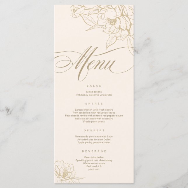 Carte de menu Mariage ivoire, avec Peony aux fleur (Devant)