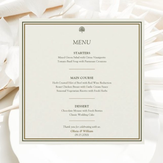 Carte de menu Mariage ivoire et or | Élégant class (Elegant square wedding menu card with minimalist gold border and palm accents.)