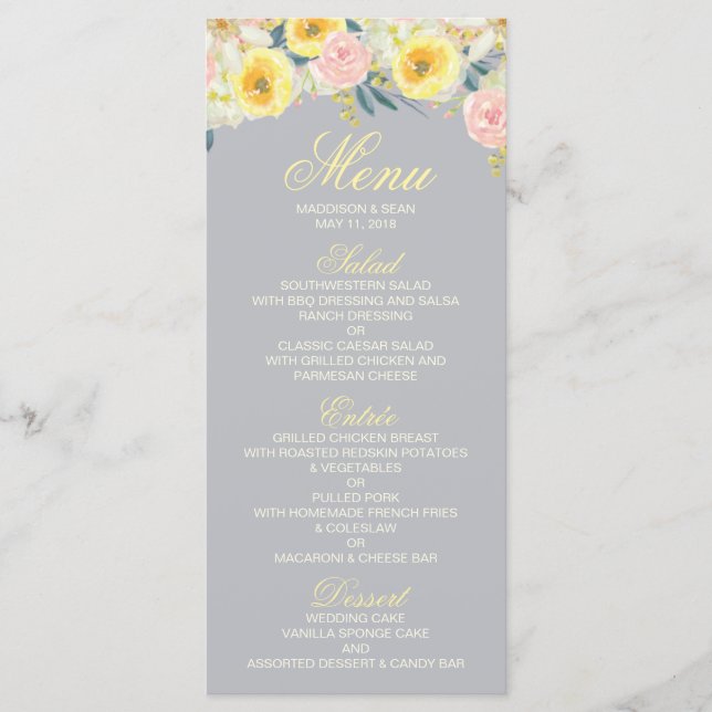 Carte de menu Mariage jaune et gris (Devant)