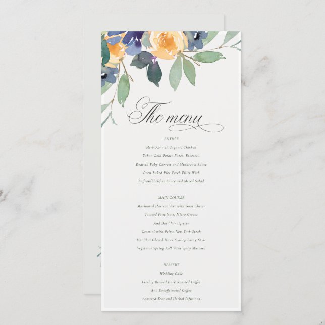 Carte de menu Mariage Jaune Floral (Devant / Derrière)