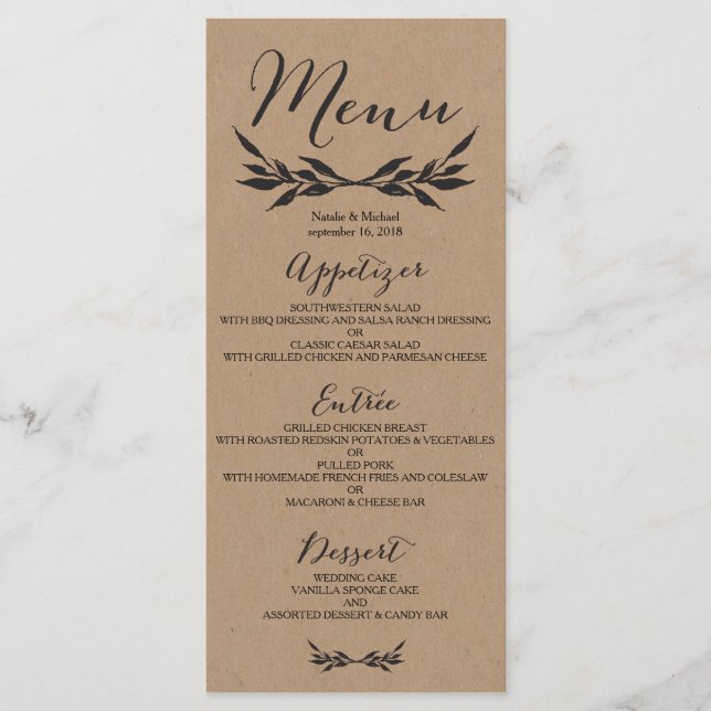 Carte de menu Mariage Kraft Greenery (Devant)