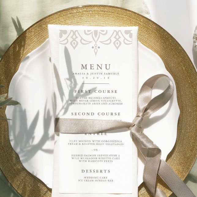 Carte de menu Mariage Marrakech | Linge gris (Créateur téléchargé)
