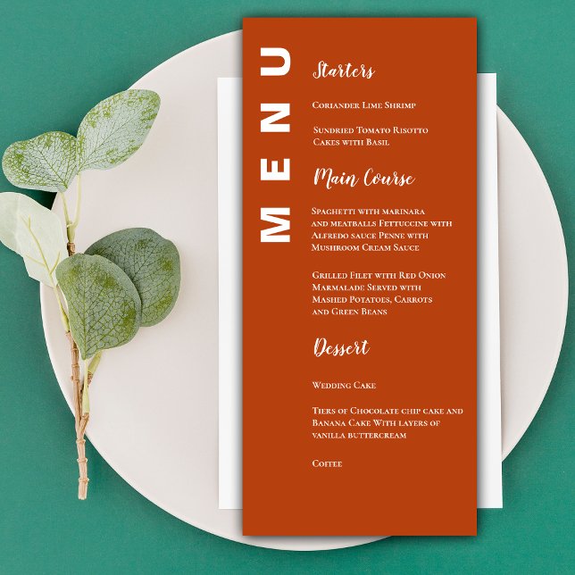 Carte de menu Mariage minimaliste Boho Terracotta (Elegant Minimalist Terracotta Wedding Party Menu)