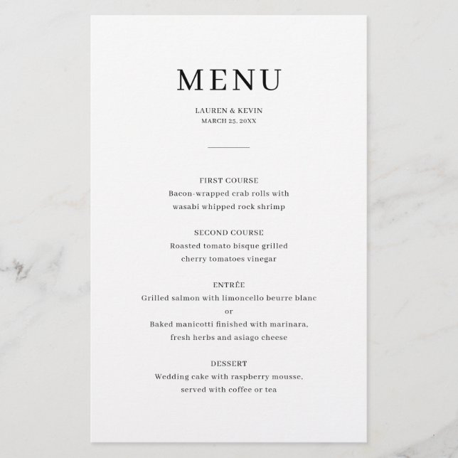 Carte de menu Mariage minimaliste élégant (Devant)