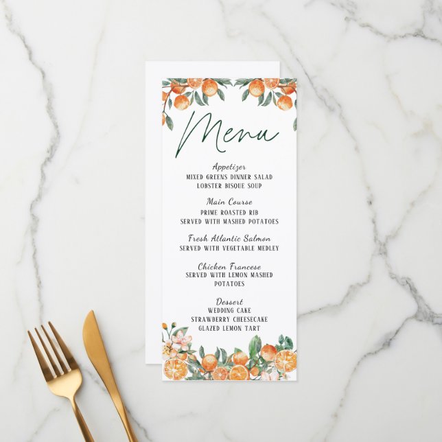 Carte de menu Mariage moderne à thème Citrus (Devant/Arrière en situation)