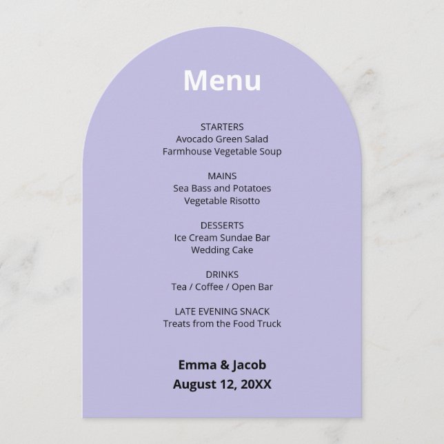 Carte de menu Mariage moderne violet clair (Devant)
