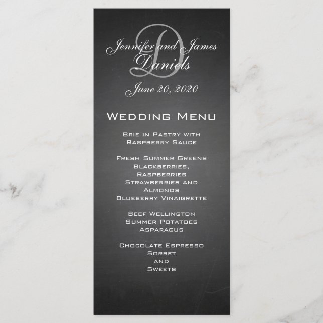 Carte de menu Mariage Monogramme de tableau noir (Devant)