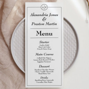 Carte de menu Mariage Monogramme noir et blanc min