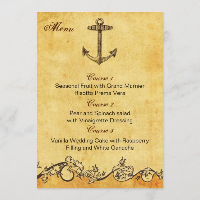 carte de menu mariage nautique ancre rustique (Devant)