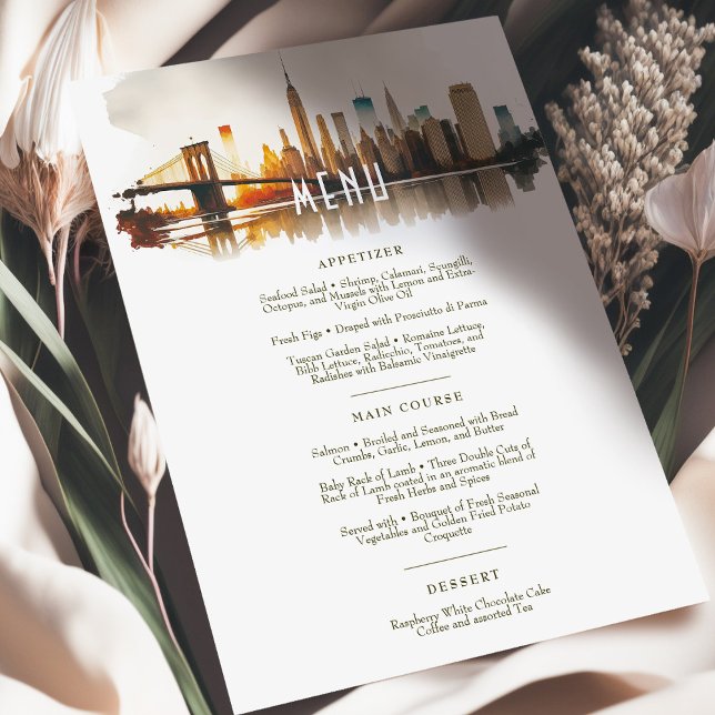Carte de menu Mariage NYC Sundown Skyline Watercol (Créateur téléchargé)