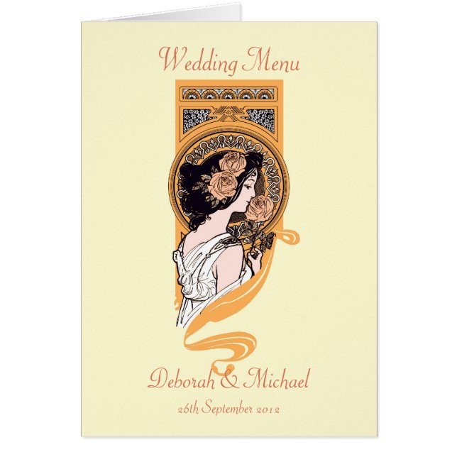 Carte de menu mariage orange Art nouveau (Devant)