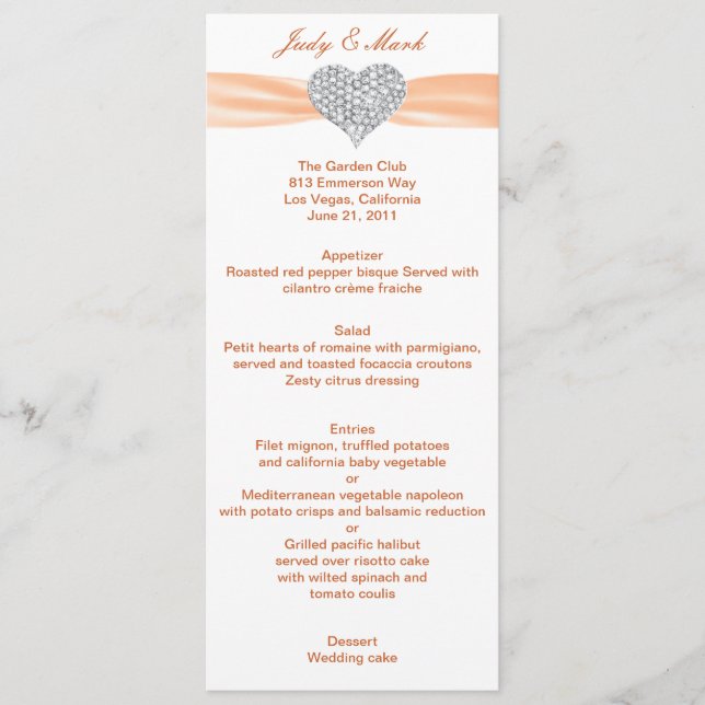Carte de menu Mariage orange Diamond Heart (Devant)