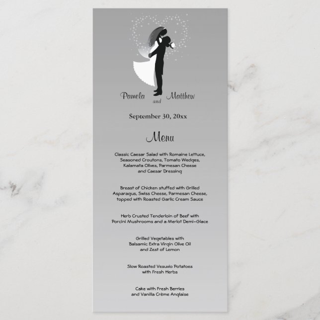 Carte de menu Mariage personnalisable Silver Ombre (Devant)