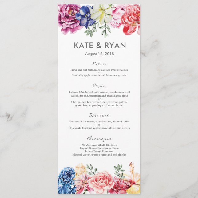 Carte de menu Mariage pour fleurs lumineuses (Devant)