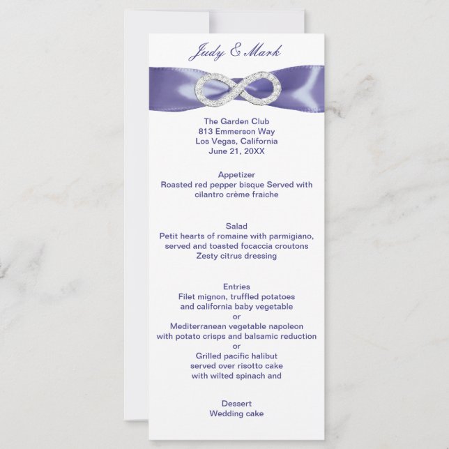 Carte de menu Mariage Purple Blue Diamond Infinity (Devant)