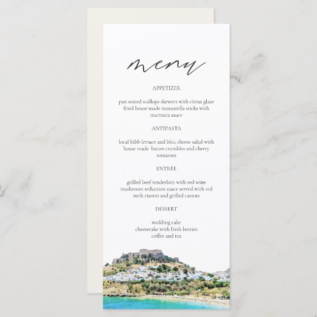 Carte de menu Mariage RHODES Grèce Skyline Waterco (Devant / Derrière)