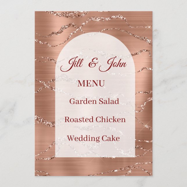 Carte de Menu Mariage Rose Gold Pailleté Blanc Arc (Devant)