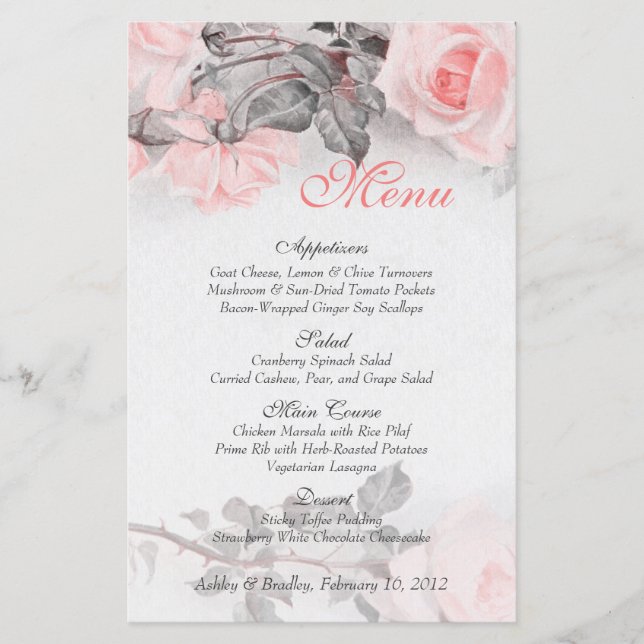 Carte de menu Mariage rose rose vintage (Devant)