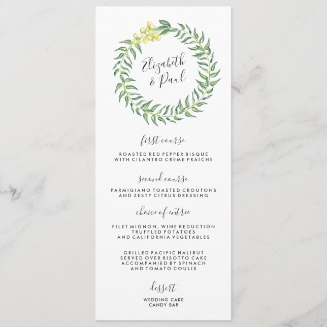 Carte de menu Mariage roses et olives (Devant)