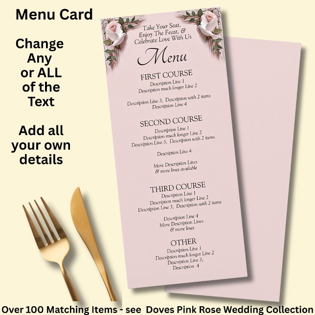 Carte de Menu - Mariage Roses Roses & Colombes (Créateur téléchargé)