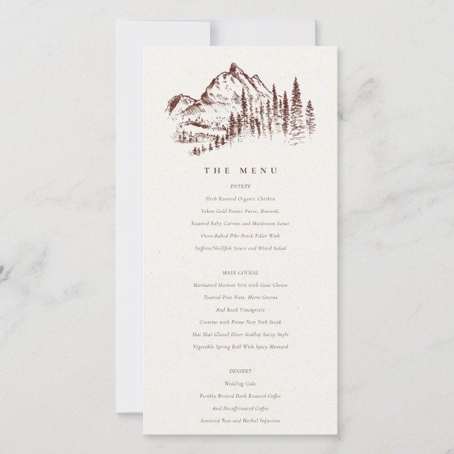 Carte de menu Mariage Rust Pine Woods Mountain Ske (Devant)